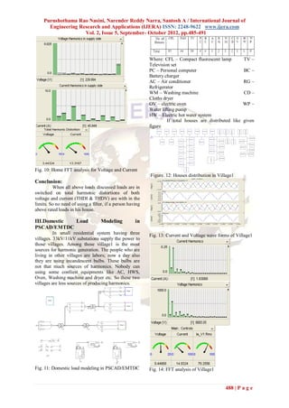 Purushothama Rao Nasini, Narender Reddy Narra, Santosh A / International Journal of
      Engineering Research and Applications (IJERA) ISSN: 2248-9622 www.ijera.com
                    Vol. 2, Issue 5, September- October 2012, pp.485-491



                                                           Where: CFL – Compact fluorescent lamp           TV –
                                                           Television set
                                                           PC – Personal computer                          BC –
                                                           Battery charger
                                                           AC – Air conditioner                            RG –
                                                           Refrigerator
                                                           WM – Washing machine                            CD –
                                                           Cloths dryer
                                                           OV – electric oven                              WP –
                                                           Water lifting pump
                                                           HW – Electric hot water system
                                                                    If total houses are distributed like   given
                                                           figure




Fig. 10: Home FFT analysis for Voltage and Current
                                                           Figure. 12: Houses distribution in Village1
Conclusion:
         When all above loads discussed loads are in
switched on total harmonic distortions of both
voltage and current (THDI & THDV) are with in the
limits. So no need of using a filter, if a person having
above rated loads in his house.

III.Domestic Load                  Modeling          in
PSCAD/EMTDC
          In small residential system having three         Fig. 13: Current and Voltage wave forms of Village1
villages. 33kV/11kV substations supply the power to
those villages. Among those village1 is the most
sources for harmonic generation. The people who are
living in other villages are labors; now a day also
they are using incandescent bulbs. These bulbs are
not that much sources of harmonics. Nobody can
using some costliest equipments like AC, HWS,
Oven, Washing machine and dryer etc. So these two
villages are less sources of producing harmonics.




Fig. 11: Domestic load modeling in PSCAD/EMTDC             Fig. 14: FFT analysis of Village1


                                                                                                 488 | P a g e
 