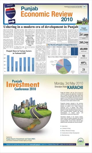 48,000
93
60%
21
205,344km2
Gross Provincial Product
(in PPP Terms)
257,000Million
USD
Industrial units
million market size
National GDP Share
Industrial Estates
Punjab
At a GlancePunjab is the world’s 40th largest
economy. As the most vibrant
province of Pakistan, which is the
6th most populated country in the
world, it is a melting pot of
different cultures and traditions.
Its History dates back over 5,000
years, nestling the cradle of
civilization and earliest cities of
Taxila and Harappa.
Punjab has about 60% share in
the National GDP totaling over
USD 257 billion (in purchasing
power parity terms) and has the
potential of being the food basket
not only for the country but the
entire region, given its dense
network of the Indus River and
the world largest alluvial soil
deposit which are fertile and
abundant.
PunjabisPakistan’smostindustri-
alized economy, which mainly
encompasses textiles, chemicals,
food processing, agriculture and
other similar industries. Possess-
ing a massive agricultural set up,
with over 16.5 million hectares
under cultivation, some of the
largest production numbers in
horticulture, immense mineral
reserves, well integrated rail and
road infrastructure, a bourgeon-
ing services sector, deepening
ﬁnancial sector, and one of the
highest human development
indexes in the region, Punjab is
fast becoming a focal point for
businesses in the South Asia.
The challenge remains to bring
the FDI inﬂows in the region
reach the mark of its true
potential. Economists link the
solution to the port city of
Karachi, predicting that this will
at least double the annual inﬂows
once the linkages are made more
concrete through logistical
supply chain and organizational
forces.
Under the leadership of the Chief
Minister Punjab investment and
trade activities in the province are
made though a fast track system,
facilitated though the Punjab
Board of Investment and Trade
(PBIT). For investors and
businesspeople interested in
doing business in the province
this is the single most important
contribution to increasing FDI
and internal investments. A
One-Window operation that
PBIT provides saves time-to-
market and provides investors
with accurate ﬁnancial advisory
for their investments.
As the global economy recovers,
Punjab continually enjoys new
investments in sectors all across
the board which are expected to
rise signiﬁcantly. Although
immense potential exists in all
sectors, the government of
Punjab is furthering
IMF-approved government
policies, bolstered by foreign
investment and renewed access to
global markets. These policies
have generated solid macroeco-
nomic recovery in the last decade.
Substantial macroeconomic
reforms since 2000, most notably
the privatization of the banking
sector has helped the economy.
Despite a dry climate, an
extensive irrigation system,
which is the largest in the world
that is built with world class
engineering tactics makes Punjab
a rich agricultural region capable
of billions of dollars worth of
value-addition to not only
agriculture and livestock but also
manufacturing and light industry.
Although the rich water and land
resource gives Punjab a head start
among developing countries, this
the real trigger for economists.
The real catalyst to make Punjab
the turn-around economy for
Pakistan and the region is the
Human Capital in Punjab number-
ing 93 million out of which over
50% are under the age of 25,
largely literate and skilled in the
craft of engineering and health
care. Much of the labor for
Pakistan’s industrialized cities
comes from Punjab given its
focus on vocational training
advancement.
Wheat and cotton are the largest
crops in Punjab in dollar terms, in
terms of the area cultivated and in
terms of production in tons. Other
crops include rice, sugarcane,
millet, corn, oilseeds, pulses,
vegetables, and fruits such as
kinnow. Livestock and poultry
production are also key contribu-
tions to the economy. Punjab
possesses the third largest buffalo
population in the world after
India and Pakistan respectively,
and an equally impressive herd of
other ruminants.
The rate of middle class growth is
also increasing faster than any
other region of the country. The
dependence ratio in Punjab is
over 47% and its population like
everything else is at the take-off
stage in its economic develop-
ment. It is also a major manpower
contributor because it has the
largest pool of professionals and
highly skilled manpower in
Pakistan.
Punjab has a 60%
share in the
National GDP
totaling over USD
257 billion making
it a 40th largest
economy in the
world.
Resource
Iron Ore
Coal
Agri Land
Housing
Electricity
Livestock
Metric
Reserves
Reserves
Underoptimised
Units backlog
Unmet demand
Annual Turnover
Measurement
Tons
Tons
Acres
Units
Kw Hrs
Dollars
Volume
1,000,000,000
245,000,000
51,000,000
4,000,000
13,140,000,000
60,000,000
Unit Price
150
82.5
500
10,000
0.12
500
Net Worth of Punjab’s Untapped Resources
Value (Billion USD)
150
20.2
25.5
40
1.6
30
Ushering in a modern era of development in Punjab
Source: Punjab Economic Report 2007
Construction
Transportation
Wholesale&Retail
Manufacturing
Livestock
MinorCrops
MajorCrops
PBIT makes no warranties or representations
about the quality, accuracy or completencess of
information contained in this supplement. PBIT is
not responsible to the reader or anyone else for
any loss or damage suffered in connection with the
use of this information or any of the content.
timeNspace
Source: Punjab Economic Report 2007
Punjab Share in Various Sectors
in National GDP
%75
60
45
30
15
0
%
%
%
%
%
 