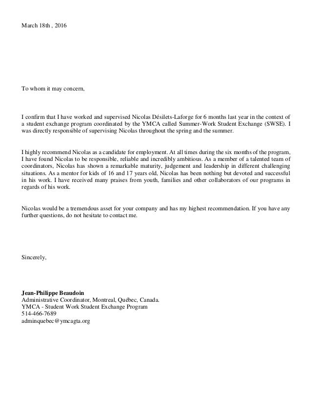 Ymca Swse Reference Letter