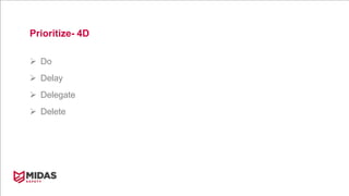 Prioritize- 4D
 Do
 Delay
 Delegate
 Delete
 