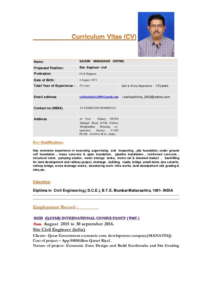 cv sachin madhukar chitnis civil roads utility infra cv site