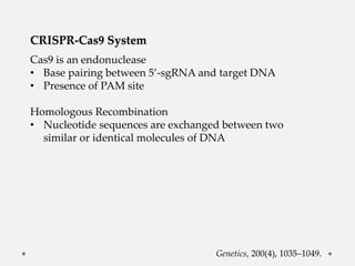CRISPR-Cas9 System
Cas9 is an endonuclease
• Base pairing between 5’-sgRNA and target DNA
• Presence of PAM site
Homologous Recombination
• Nucleotide sequences are exchanged between two
similar or identical molecules of DNA
Genetics, 200(4), 1035–1049.
 