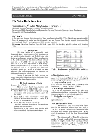 Sivasankari. S. A et al Int. Journal of Engineering Research and Application
ISSN : 2248-9622, Vol. 3, Issue 6, Nov-Dec 2013, pp.490-495

RESEARCH ARTICLE

www.ijera.com

OPEN ACCESS

The Skien Hash Function
Sivasankari. S. A1, Allan Mary George 2, Pavithra. S 3
1

Assistant Professor, 2Assistant Professor, 3Assistant Professor
Department of ECE, Saveetha School of Engineering, Saveetha University, Saveetha Nagar, Thandalam,
Chennai-602 105, Tamilnadu, India

ABSTRACT
In this paper, we simulate the performance of skein hash function in VHDL FPGA. Skein is a new cryptographic
family. It is designed in such a way that it is simple, easy and flexible. This function which is implemented in
software based. This is a hashing function which provides security.
Keywords: Skein hash function, Threefish block cipher, MIX function, Key schedule, unique block iteration
(UBI).
I. Introduction
The new family of cryptographic hash
function is skein. The advantages of this hash function
are speed, security, simplicity and flexibility due to its
design as well as easy to analyse. Skein hash function
is fast and secure Skein has three different internal
state sizes as 256, 512, 1024 bits and output may be
any size. It is a good replacement of SHA family.
Skein is an efficient tool to be used for large number
of functions due to its optional and extendable
argument system [1]. Skein is efficient for both
hardware and software platforms.The remainder of
this paper is organized as follows:
Section II presents the Basic structure of
skien, Section III discusses about the skein algorithm,
and Section IV draws the conclusion.

II. Basic structure of Skein
2.1. Overview of Skein
Skein is a new family hash function with
three internal state sizes: 1024,512,256 bits.
 Skein- 512 which is used for all present hashing
applications with secures and remains secure for
the future.
 Skien-1024 is ultra conservative variant [1].
Skein-1024 is the twice of skein- 512. Skein 1024
is twice as fast as Skein- 512.
 Skien-256 is low memory variant [1].
The above discussed internal state size which can
support any size of output.
Replacement of one type of hash function with
other type of hash function shown in Table: 1[1]

www.ijera.com

Table: 1: Replacements for MD5, SHA-1 and SHA2
2.2. Basic building blocks
Three new components are needed to build
Skien.They are three fish block cipher, Unique block
iteration (UBI), Optional argument system.
 Three fish Block cipher
It is a tweakable block cipher at the Skein’s Core with
any internal
size as 256, 512, 1024 bits.
 UBI- Unique Block iteration
This is the type of chaining mode which uses three
fish in order to build the compression function which
maps any input size to any or fixed output size.
 Optional argument system
This makes skein which supports any
optional Features.
2.2.1. Threefish Block cipher
Threefish is a large tweakable block cipher
[66].It is also defined for three different block sizes as
256, 512, 1024 bits. The key which should be same
size as the block and the tweak value is only 128 bits
which is applicable for all the three different block
sizes.
The main principle of Threefish is that more
number of simple rounds which are secured than few
numbers of complex rounds. There are three different
mathematical operations used by Threefish block
cipher are Exclusive-OR (XOR), Addition and
constant rotation.
490 | P a g e

 