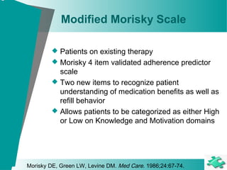 Modified Morisky Scale
 Patients on existing therapy
 Morisky 4 item validated adherence predictor
scale
 Two new items to recognize patient
understanding of medication benefits as well as
refill behavior
 Allows patients to be categorized as either High
or Low on Knowledge and Motivation domains
Morisky DE, Green LW, Levine DM. Med Care. 1986;24:67-74.
 