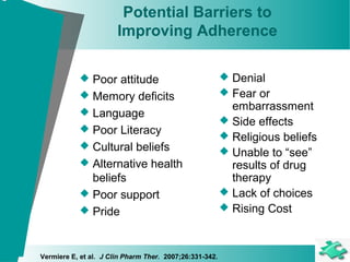Potential Barriers to
Improving Adherence
 Poor attitude
 Memory deficits
 Language
 Poor Literacy
 Cultural beliefs
 Alternative health
beliefs
 Poor support
 Pride
 Denial
 Fear or
embarrassment
 Side effects
 Religious beliefs
 Unable to “see”
results of drug
therapy
 Lack of choices
 Rising Cost
Vermiere E, et al. J Clin Pharm Ther. 2007;26:331-342.
 