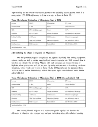 Team #41768 Page 18 of 21
implementing half the rate of water access growth for the electricity access growth, which is a
conservative 1.73. 2034 Afghanistan with the new rates is shown in Table 3.2.
Table 3.2: Adjusted Estimation of Afghanistan Stats in 2034
Poverty 36.0 % Infrastructure 2.751 score
Unemployment 7.24 % Forest 2.0 % of landarea
GDP 1789.8(USD) per capita Water 100 %
Education 118.63% gross Foreign Investments 0.0596billions (USD) inflow
Political Stability -2.267 units CO2 Emissions 0.0 metrictons per capita
Electricity 73.87 % of population Education Difference 6.45 difference in gross %
Life Expectancy 71.26 total years National Debt 2.23482 billions (USD)
Sustainability Score: 618.5
3.2 Simulating the effects of programs on Afghanistan
Our first potential proposal is to provide the Afghans in poverty with farming equipment,
training, seeds, and land to provide more food and lower the poverty rate. With research done in
task two, we estimate that providing Afghans with such resources can increase the rate of
depletion of the poverty rate by 0.9% per year. By adding this new rate to the existing rate in the
simulation, whose results can be seen in Table 3.3, the 2034 poverty rate has decreased from
36.0% to 18.9%, and the sustainability score is 18.0 points higher than estimated value without
aid in Table 3.2.
Table 3.3: Adjusted Estimation of Afghanistan Stats in 2034 with Agricultural Aid
Poverty 18.9 % Infrastructure 2.751 score
Unemployment 7.24 % Forest 2.0 % of landarea
GDP 1789.8(USD) per capita Water 100 %
Education 118.63% gross Foreign Investments 0.0596billions (USD) inflow
Political Stability -2.267 units CO2 Emissions 0.0 metrictons per capita
Electricity 73.87 % of population Education Difference 6.45 difference in gross %
Life Expectancy 71.26 total years National Debt 2.23482 billions (USD)
Sustainability Score: 635.6
Our second potential proposal is to increase the gender equality and decrease the
difference in education rates between boys and girls by implementing girl-exclusive boarding
 