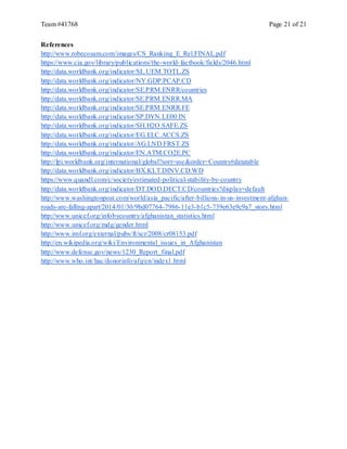 Team #41768 Page 21 of 21
References
http://www.robecosam.com/images/CS_Ranking_E_Rel.FINAL.pdf
https://www.cia.gov/library/publications/the-world-factbook/fields/2046.html
http://data.worldbank.org/indicator/SL.UEM.TOTL.ZS
http://data.worldbank.org/indicator/NY.GDP.PCAP.CD
http://data.worldbank.org/indicator/SE.PRM.ENRR/countries
http://data.worldbank.org/indicator/SE.PRM.ENRR.MA
http://data.worldbank.org/indicator/SE.PRM.ENRR.FE
http://data.worldbank.org/indicator/SP.DYN.LE00.IN
http://data.worldbank.org/indicator/SH.H2O.SAFE.ZS
http://data.worldbank.org/indicator/EG.ELC.ACCS.ZS
http://data.worldbank.org/indicator/AG.LND.FRST.ZS
http://data.worldbank.org/indicator/EN.ATM.CO2E.PC
http://lpi.worldbank.org/international/global?sort=asc&order=Country#datatable
http://data.worldbank.org/indicator/BX.KLT.DINV.CD.WD
https://www.quandl.com/c/society/estimated-political-stability-by-country
http://data.worldbank.org/indicator/DT.DOD.DECT.CD/countries?display=default
http://www.washingtonpost.com/world/asia_pacific/after-billions-in-us-investment-afghan-
roads-are-falling-apart/2014/01/30/9bd07764-7986-11e3-b1c5-739e63e9c9a7_story.html
http://www.unicef.org/infobycountry/afghanistan_statistics.html
http://www.unicef.org/mdg/gender.html
http://www.imf.org/external/pubs/ft/scr/2008/cr08153.pdf
http://en.wikipedia.org/wiki/Environmental_issues_in_Afghanistan
http://www.defense.gov/news/1230_Report_final.pdf
http://www.who.int/hac/donorinfo/afg/en/index1.html
 