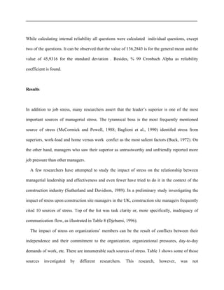 While calculating internal reliability all questions were calculated individual questions, except
two of the questions. It can be observed that the value of 136,2843 is for the general mean and the
value of 45,9316 for the standard deviation . Besides, % 99 Cronbach Alpha as reliability
coefficient is found.
Results
In addition to job stress, many researchers assert that the leader’s superior is one of the most
important sources of managerial stress. The tyrannical boss is the most frequently mentioned
source of stress (McCormick and Powell, 1988; Baglioni et al., 1990) identifed stress from
superiors, work-load and home versus work confict as the most salient factors (Buck, 1972). On
the other hand, managers who saw their superior as untrustworthy and unfriendly reported more
job pressure than other managers.
A few researchers have attempted to study the impact of stress on the relationship between
managerial leadership and effectiveness and even fewer have tried to do it in the context of the
construction industry (Sutherland and Davidson, 1989). In a preliminary study investigating the
impact of stress upon construction site managers in the UK, construction site managers frequently
cited 10 sources of stress. Top of the list was task clarity or, more specifically, inadequacy of
communication flow, as illustrated in Table 8 (Djebarni, 1996).
The impact of stress on organizations’ members can be the result of conflicts between their
independence and their commitment to the organization, organizational pressures, day-to-day
demands of work, etc. There are innumerable such sources of stress. Table 1 shows some of those
sources investigated by different researchers. This research, however, was not
 