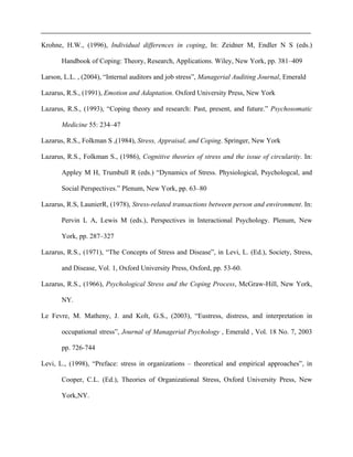 Krohne, H.W., (1996), Individual differences in coping, In: Zeidner M, Endler N S (eds.)
Handbook of Coping: Theory, Research, Applications. Wiley, New York, pp. 381–409
Larson, L.L. , (2004), “Internal auditors and job stress”, Managerial Auditing Journal, Emerald
Lazarus, R.S., (1991), Emotion and Adaptation. Oxford University Press, New York
Lazarus, R.S., (1993), “Coping theory and research: Past, present, and future.” Psychosomatic
Medicine 55: 234–47
Lazarus, R.S., Folkman S ,(1984), Stress, Appraisal, and Coping. Springer, New York
Lazarus, R.S., Folkman S., (1986), Cognitive theories of stress and the issue of circularity. In:
Appley M H, Trumbull R (eds.) “Dynamics of Stress. Physiological, Psychologcal, and
Social Perspectives.” Plenum, New York, pp. 63–80
Lazarus, R.S, LaunierR, (1978), Stress-related transactions between person and environment. In:
Pervin L A, Lewis M (eds.), Perspectives in Interactional Psychology. Plenum, New
York, pp. 287–327
Lazarus, R.S., (1971), “The Concepts of Stress and Disease”, in Levi, L. (Ed.), Society, Stress,
and Disease, Vol. 1, Oxford University Press, Oxford, pp. 53-60.
Lazarus, R.S., (1966), Psychological Stress and the Coping Process, McGraw-Hill, New York,
NY.
Le Fevre, M. Matheny, J. and Kolt, G.S., (2003), “Eustress, distress, and interpretation in
occupational stress”, Journal of Managerial Psychology , Emerald , Vol. 18 No. 7, 2003
pp. 726-744
Levi, L., (1998), “Preface: stress in organizations – theoretical and empirical approaches”, in
Cooper, C.L. (Ed.), Theories of Organizational Stress, Oxford University Press, New
York,NY.
 