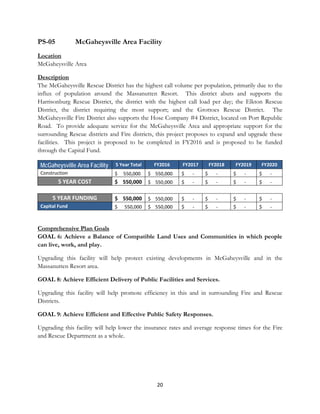 20 
 
PS-05 McGaheysville Area Facility
Location
McGaheysville Area
Description
The McGaheysville Rescue District has the highest call volume per population, primarily due to the
influx of population around the Massanutten Resort. This district abuts and supports the
Harrisonburg Rescue District, the district with the highest call load per day; the Elkton Rescue
District, the district requiring the most support; and the Grottoes Rescue District. The
McGaheysville Fire District also supports the Hose Company #4 District, located on Port Republic
Road. To provide adequate service for the McGaheysville Area and appropriate support for the
surrounding Rescue districts and Fire districts, this project proposes to expand and upgrade these
facilities. This project is proposed to be completed in FY2016 and is proposed to be funded
through the Capital Fund.  
McGaheysville Area Facility 5 Year Total  FY2016  FY2017  FY2018  FY2019  FY2020 
Construction  $     550,000   $    550,000   $       ‐     $       ‐     $       ‐     $       ‐    
5 YEAR COST  $    550,000  $    550,000   $       ‐     $       ‐     $       ‐     $       ‐    
5 YEAR FUNDING  $    550,000  $    550,000   $       ‐     $       ‐     $       ‐     $       ‐    
Capital Fund  $      550,000  $    550,000   $       ‐     $       ‐     $       ‐     $       ‐    
Comprehensive Plan Goals
GOAL 6: Achieve a Balance of Compatible Land Uses and Communities in which people
can live, work, and play.
Upgrading this facility will help protect existing developments in McGaheysville and in the
Massanutten Resort area.
GOAL 8: Achieve Efficient Delivery of Public Facilities and Services.
Upgrading this facility will help promote efficiency in this and in surrounding Fire and Rescue
Districts.
GOAL 9: Achieve Efficient and Effective Public Safety Responses.
Upgrading this facility will help lower the insurance rates and average response times for the Fire
and Rescue Department as a whole.
 