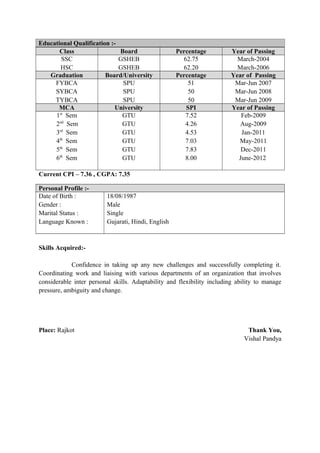 Educational Qualification :-
Class Board Percentage Year of Passing
SSC
HSC
GSHEB
GSHEB
62.75
62.20
March-2004
March-2006
Graduation Board/University Percentage Year of Passing
FYBCA
SYBCA
TYBCA
SPU
SPU
SPU
51
50
50
Mar-Jun 2007
Mar-Jun 2008
Mar-Jun 2009
MCA University SPI Year of Passing
1st
Sem
2nd
Sem
3rd
Sem
4th
Sem
5th
Sem
6th
Sem
GTU
GTU
GTU
GTU
GTU
GTU
7.52
4.26
4.53
7.03
7.83
8.00
Feb-2009
Aug-2009
Jan-2011
May-2011
Dec-2011
June-2012
Current CPI – 7.36 , CGPA: 7.35
Personal Profile :-
Date of Birth :
Gender :
Marital Status :
Language Known :
18/08/1987
Male
Single
Gujarati, Hindi, English
Skills Acquired:-
Confidence in taking up any new challenges and successfully completing it.
Coordinating work and liaising with various departments of an organization that involves
considerable inter personal skills. Adaptability and flexibility including ability to manage
pressure, ambiguity and change.
Place: Rajkot Thank You,
Vishal Pandya
 
