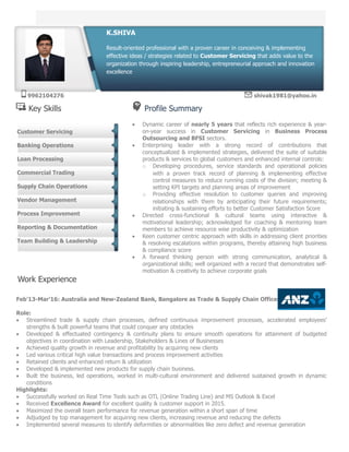 Key Skills Profile Summary
 Dynamic career of nearly 5 years that reflects rich experience & year-
on-year success in Customer Servicing in Business Process
Outsourcing and BFSI sectors.
 Enterprising leader with a strong record of contributions that
conceptualized & implemented strategies, delivered the suite of suitable
products & services to global customers and enhanced internal controls:
o Developing procedures, service standards and operational policies
with a proven track record of planning & implementing effective
control measures to reduce running costs of the division; meeting &
setting KPI targets and planning areas of improvement
o Providing effective resolution to customer queries and improving
relationships with them by anticipating their future requirements;
initiating & sustaining efforts to better Customer Satisfaction Score
 Directed cross-functional & cultural teams using interactive &
motivational leadership; acknowledged for coaching & mentoring team
members to achieve resource wise productivity & optimization
 Keen customer centric approach with skills in addressing client priorities
& resolving escalations within programs, thereby attaining high business
& compliance score
 A forward thinking person with strong communication, analytical &
organizational skills; well organized with a record that demonstrates self-
motivation & creativity to achieve corporate goals
Work Experience
Feb’13-Mar’16: Australia and New-Zealand Bank, Bangalore as Trade & Supply Chain Officer
Role:
 Streamlined trade & supply chain processes, defined continuous improvement processes, accelerated employees’
strengths & built powerful teams that could conquer any obstacles
 Developed & effectuated contingency & continuity plans to ensure smooth operations for attainment of budgeted
objectives in coordination with Leadership, Stakeholders & Lines of Businesses
 Achieved quality growth in revenue and profitability by acquiring new clients
 Led various critical high value transactions and process improvement activities
 Retained clients and enhanced return & utilization
 Developed & implemented new products for supply chain business.
 Built the business, led operations, worked in multi-cultural environment and delivered sustained growth in dynamic
conditions
Highlights:
 Successfully worked on Real Time Tools such as OTL (Online Trading Line) and MS Outlook & Excel
 Received Excellence Award for excellent quality & customer support in 2015.
 Maximized the overall team performance for revenue generation within a short span of time
 Adjudged by top management for acquiring new clients, increasing revenue and reducing the defects
 Implemented several measures to identify deformities or abnormalities like zero defect and revenue generation
K.SHIVA
Result-oriented professional with a proven career in conceiving & implementing
effective ideas / strategies related to Customer Servicing that adds value to the
organization through inspiring leadership, entrepreneurial approach and innovation
excellence
9962104276 shivak1981@yahoo.in
Customer Servicing
Banking Operations
Loan Processing
Commercial Trading
Supply Chain Operations
Vendor Management
Process Improvement
Reporting & Documentation
Team Building & Leadership
 