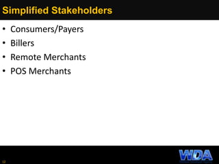 Simplified Stakeholders
• Consumers/Payers
• Billers
• Remote Merchants
• POS Merchants
12
 