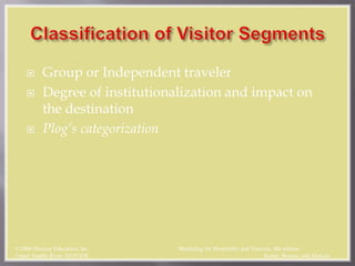 Group or Independent traveler
 Degree of institutionalization and impact on
the destination
 Plog’s categorization
©2006 Pearson Education, Inc. Marketing for Hospitality and Tourism, 4th edition
Upper Saddle River, NJ 07458 Kotler, Bowen, and Makens
 