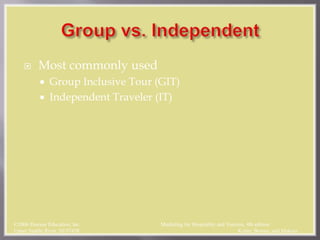  Most commonly used
 Group Inclusive Tour (GIT)
 Independent Traveler (IT)
©2006 Pearson Education, Inc. Marketing for Hospitality and Tourism, 4th edition
Upper Saddle River, NJ 07458 Kotler, Bowen, and Makens
 