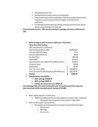  Standardizedworkcells
 Standardizedtrainingtoreduce trainingperiod
 Createdandimplemented productiontracking calculator/documentfor
employeestoknow dailyproductiontargets,andtrackhourly
production
 Createdandimplementedsignoff documentprocesstoensure quality
and accuracy of productfor eachjob.
o Flexoand Sanki Presses – 56% overall reduction inspoilage,increase in efficiencyof
16%
 Dollar Savings for 16% increase in efficiency –FlexoPress

 Spoilage Dollars Saved2014 –
 2013 spoilage $12928.35
 2014 spoilage $8337.11
 Savings versuspreviousyear $4591.24
o FlexoManager Role and salary removedfor past 15 monthscost ofthis salary has
beensavedand will be moving forward. Savings of $75,000.
 Make-readyreductioninSanki press
 Addedone additional setof shaftsandgearstoreduce make-readytime
o New gearsreducedqualityissuesaswell inregistration
 Sanki run andrepairimprovements
 Reviewedandtrainedoperatorsonpropersetupof deliveryfingers
o Belttension
o Bearings
o Gear setup
Flexo Press Only Savings
16% improvement in efficiency
Total produced pieces 2014 28,467,654
This year 2014 efficiency 77.31
Last year 2013 efficiency 66.65
Est Run hours 5051.96
Hours 2014 6214.41
Hours based on prev 2013 eff for 2014 est hours 6744.37
Variance hours 529.96
Hourly Rate 18.50$
Cost run hours 2014 114,966.59$
Cost run hours for 2014 based on 2013 efficiency 124,770.78$
Savings 9,804.20$
 