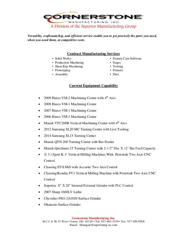 Cornerstone Manufacturing Equipment List