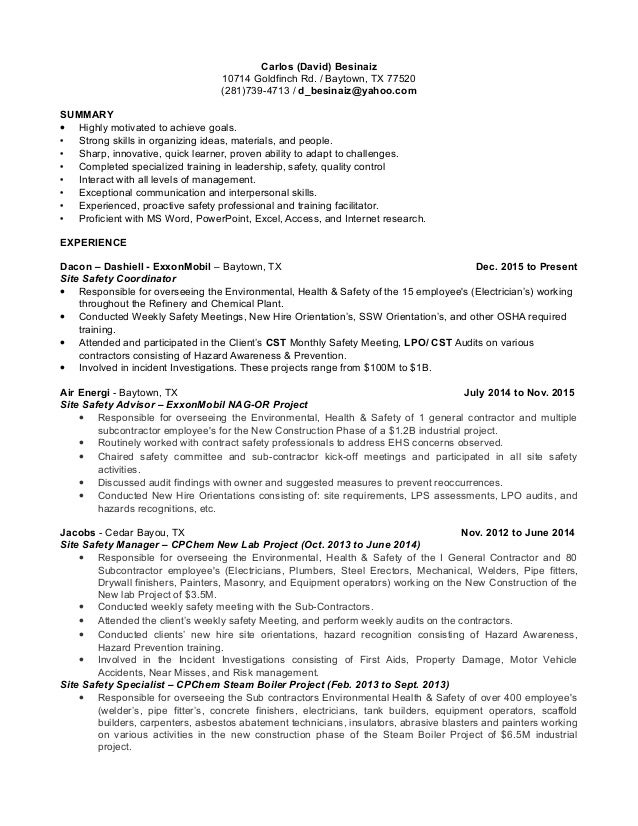 carlos david besinaiz safety professional resume safety professional resume