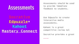 Assessments
Socrative
Edpuzzle*
Kahoot
Mastery Connect
Assessments should be used
to provide immediate
feedback to students.
Use Edpuzzle to create
interactive media
assessments.
Kahoot is a great
competitive review tol
Socrative provides a great
 