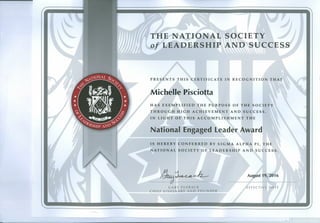 T-HE NA:fIONAL SOCIETY
of LEADE/RSHIP ANd» SUCCESS
PRESENTS THIS CERTIFICATE IN RECOGNITION THAT
Michelle Pisciotta
HAS EXEMP,LIFIED THE PURPOSE OF THE SOCIETY
THROUGH UIGH ACH'IEVEMENT AND SUCCESS.
IN LIGHT OF THIS ACCOMPLISHMENT THE
Nati-onal-Engaged Leader Award
IS HEREBY 'CONFERRED BY SIGMA ALPHA PI, THE
NATIONAL SOCIETY OF LEADERSHIP AND SUCCESS.
--- ~
August 19, 2016
GARY TUERACK
CHI EF V I 5 ION A RY AND F0 U N D ER
EFFECTIVE DATE
•....----- , 'I
 
