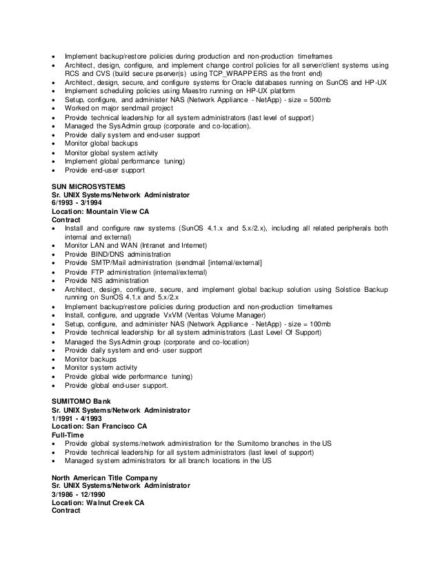 unix administrator resume