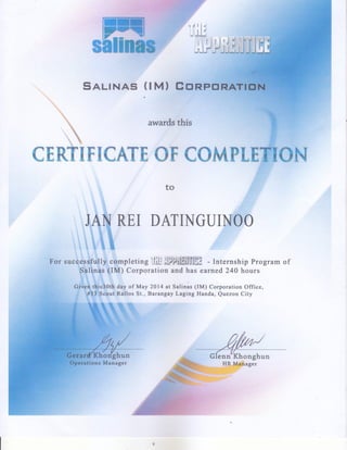 Salinas OJT Certificate of Completion