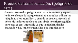 Proceso de transformación; (peligros de
este)
En este proceso los peligros son bastante escasos ya que a
lo único a lo que le hay que temer es a no saber utilizar las
máquinas o los utensilios, o cuando se está extrayendo el
polen de la flores puede que una abeja te entierre aguijón,
pero esto es casi imposible ya que la modernidad ha
avanzado y hay muchos utensilios que impiden esto.
 