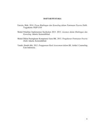 6
DAFTAR PUSTAKA
Farozin, Muh. 2014. Peran Bimbingan dan Konseling dalam Peminatan Peserta Didik.
Yogyakarta: FKIP UNY
Modul Pelatihan Implementasi Kurikulum 2013. 2013. Asesmen dalam Bimbingan dan
Konseling. Jakarta: Kemendikbud.
Modul Diklat Peningkatan Kompetensi Guru BK. 2013. Pengukuran Peminatan Peserta
Didik. Jakarta: Kemendikbud.
Yandri, Hendri dkk. 2012. Penggunaan Hasil Assessment dalam BK. Artikel. Counseling
Care Indonesia.
 