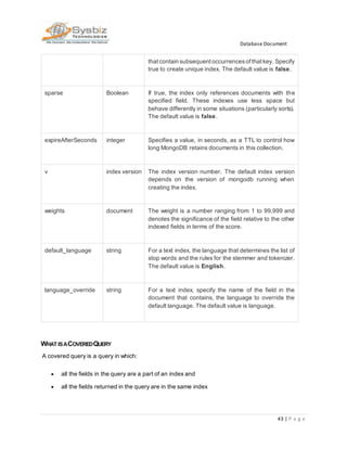 Database Document
43 | P a g e
thatcontain subsequentoccurrencesofthatkey. Specify
true to create unique index. The default value is false.
sparse Boolean If true, the index only references documents with the
specified field. These indexes use less space but
behave differently in some situations (particularly sorts).
The default value is false.
expireAfterSeconds integer Specifies a value, in seconds, as a TTL to control how
long MongoDB retains documents in this collection.
v index version The index version number. The default index version
depends on the version of mongodb running when
creating the index.
weights document The weight is a number ranging from 1 to 99,999 and
denotes the significance of the field relative to the other
indexed fields in terms of the score.
default_language string For a text index, the language that determines the list of
stop words and the rules for the stemmer and tokenizer.
The default value is English.
language_override string For a text index, specify the name of the field in the
document that contains, the language to override the
default language. The default value is language.
WHAT ISACOVEREDQUERY
A covered query is a query in which:
 all the fields in the query are a part of an index and
 all the fields returned in the query are in the same index
 