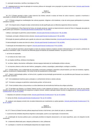         V - promoção humanística, científica e tecnológica do País.

         VI  - estabelecimento de meta de aplicação de recursos públicos em educação como proporção do produto interno bruto. (Incluído pela Emenda
Constitucional nº 59, de 2009)

                                                                                 Seção II
                                                                               DA CULTURA

         Art.  215.  O  Estado  garantirá  a  todos  o  pleno  exercício  dos  direitos  culturais  e  acesso  às  fontes  da  cultura  nacional,  e  apoiará  e  incentivará  a 
valorização e a difusão das manifestações culturais.

        § 1º - O Estado protegerá as manifestações das culturas populares, indígenas e afro-brasileiras, e das de outros grupos participantes do processo
civilizatório nacional.

        § 2º - A lei disporá sobre a fixação de datas comemorativas de alta significação para os diferentes segmentos étnicos nacionais.

        § 3º A lei estabelecerá o Plano Nacional de Cultura, de duração plurianual, visando ao desenvolvimento cultural do País e à integração das ações do
poder público que conduzem à: (Incluído pela Emenda Constitucional nº 48, de 2005)

        I defesa e valorização do patrimônio cultural brasileiro; (Incluído pela Emenda Constitucional nº 48, de 2005)

        II produção, promoção e difusão de bens culturais; (Incluído pela Emenda Constitucional nº 48, de 2005)

        III formação de pessoal qualificado para a gestão da cultura em suas múltiplas dimensões; (Incluído pela Emenda Constitucional nº 48, de 2005)

        IV democratização do acesso aos bens de cultura; (Incluído pela Emenda Constitucional nº 48, de 2005)

        V valorização da diversidade étnica e regional. (Incluído pela Emenda Constitucional nº 48, de 2005)

        Art. 216. Constituem patrimônio cultural brasileiro os bens de natureza material e imaterial, tomados individualmente ou em conjunto, portadores de 
referência à identidade, à ação, à memória dos diferentes grupos formadores da sociedade brasileira, nos quais se incluem:

        I - as formas de expressão;

        II - os modos de criar, fazer e viver;

        III - as criações científicas, artísticas e tecnológicas;

        IV - as obras, objetos, documentos, edificações e demais espaços destinados às manifestações artístico-culturais;

        V - os conjuntos urbanos e sítios de valor histórico, paisagístico, artístico, arqueológico, paleontológico, ecológico e científico.

        § 1º - O Poder Público, com a colaboração da comunidade, promoverá e protegerá o patrimônio cultural brasileiro, por meio de inventários, registros,
vigilância, tombamento e desapropriação, e de outras formas de acautelamento e preservação.

        § 2º - Cabem à administração pública, na forma da lei, a gestão da documentação governamental e as providências para franquear sua consulta a
quantos dela necessitem.

        § 3º - A lei estabelecerá incentivos para a produção e o conhecimento de bens e valores culturais.

        § 4º - Os danos e ameaças ao patrimônio cultural serão punidos, na forma da lei.

        § 5º - Ficam tombados todos os documentos e os sítios detentores de reminiscências históricas dos antigos quilombos.

         § 6 º É facultado aos Estados e ao Distrito Federal vincular a fundo estadual de fomento à cultura até cinco décimos por cento de sua receita
tributária líquida, para o financiamento de programas e projetos culturais, vedada a aplicação desses recursos no pagamento de: (Incluído pela Emenda
Constitucional nº 42, de 19.12.2003)

        I - despesas com pessoal e encargos sociais; (Incluído pela Emenda Constitucional nº 42, de 19.12.2003)

        II - serviço da dívida; (Incluído pela Emenda Constitucional nº 42, de 19.12.2003)

        III - qualquer outra despesa corrente não vinculada diretamente aos investimentos ou ações apoiados. (Incluído pela Emenda Constitucional nº 42,
de 19.12.2003)

                                                                                 Seção III
                                                                              DO DESPORTO

        Art. 217. É dever do Estado fomentar práticas desportivas formais e não-formais, como direito de cada um, observados:

        I - a autonomia das entidades desportivas dirigentes e associações, quanto a sua organização e funcionamento;

         II  - a destinação de recursos públicos para a promoção prioritária do desporto educacional e, em casos específicos, para a do desporto de alto
rendimento;

        III - o tratamento diferenciado para o desporto profissional e o não- profissional;

        IV - a proteção e o incentivo às manifestações desportivas de criação nacional.
 