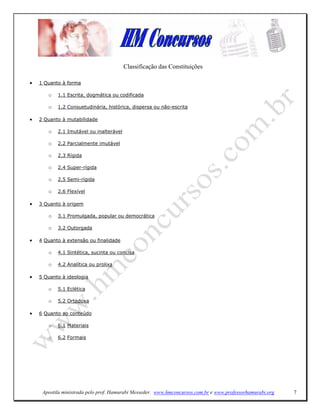 Classificação das Constituições

•   1 Quanto à forma

       o   1.1 Escrita, dogmática ou codificada

       o   1.2 Consuetudinária, histórica, dispersa ou não-escrita

•   2 Quanto à mutabilidade

       o   2.1 Imutável ou inalterável

       o   2.2 Parcialmente imutável

       o   2.3 Rígida

       o   2.4 Super-rígida

       o   2.5 Semi-rígida

       o   2.6 Flexível

•   3 Quanto à origem

       o   3.1 Promulgada, popular ou democrática

       o   3.2 Outorgada

•   4 Quanto à extensão ou finalidade

       o   4.1 Sintética, sucinta ou concisa

       o   4.2 Analítica ou prolixa

•   5 Quanto à ideologia

       o   5.1 Eclética

       o   5.2 Ortodoxa

•   6 Quanto ao conteúdo

       o   6.1 Materiais

       o   6.2 Formais




     Apostila ministrada pelo prof. Hamurabi Messeder. www.hmconcursos.com.br e www.professorhamurabi.org   7
 