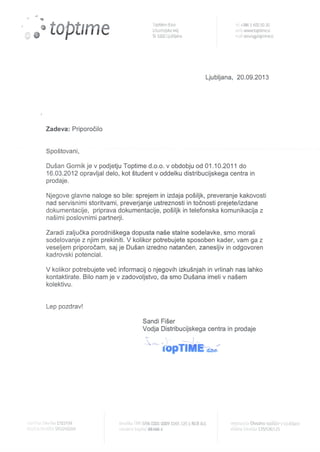 Priporočilo podjetja Toptime - slovenski jezik
