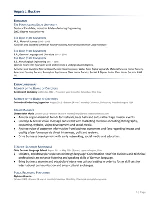 Angela J. Buckley
5 | Page
EDUCATION
THE PENNSYLVANIA STATE UNIVERSITY
Doctoral Candidate, Industrial & Manufacturing Engineering
2002-Degree not conferred
THE OHIO STATE UNIVERSITY
M.S., Material Science 1996 – 1999
Activities and Societies: American Foundry Society, Mortar Board Senior Class Honorary
THE OHIO STATE UNIVERSITY
B.A., German Language and Literature 1991 – 1998
THE OHIO STATE UNIVERSITY
B.S., Metallurgical Engineering 1991 – 1996
Worked nearly 30+ hours per week and received 2 undergraduate degrees.
Activities and Societies: Mortar Board Senior Class Honorary, Water Polo, Alpha Sigma Mu Material Science Honor Society,
American Foundry Society, Romophos Sophomore Class Honor Society, Bucket & Dipper Junior Class Honor Society, ASM
Inc.
EXTRACURRICULARS
MEMBER OF THE BOARD OF DIRECTORS
Greenswell Company September 2012 – Present (4 year 6 months) Columbus, Ohio Area
MEMBER OF THE BOARD OF DIRECTORS
Columbus Kinderchor/Jugenchor August 2012 – Present (4 year 7 months) Columbus, Ohio Area / President August 2014
BRAND MANAGER
Cheese with Music October 2012 – Present (4 year 4 months) http://www.cheesewithmusic.com
● Analyze regional market trends for festivals, beer halls and cultural heritage musical events.
● Develop & deliver visual message consistent with marketing materials including photography,
costuming, website, video development and social media.
● Analyze voice of customer information from business customers and fans regarding impact and
quality of performance via direct interviews, polls and reviews.
● Drive business development with early networking, social media and education.
TEACHER (SATURDAY MORNINGS)
Ohio German Language School August 2011 – May 2014 (3 years) Upper Arlington, Ohio
● Initiated, and drove participation in foreign language 'Conversation Hour' for business and technical
professionals to enhance listening and speaking skills of German language.
● Bring business acumen and vocabulary into a new cultural setting in order to foster skill sets for
international communication and cross-cultural exchanges.
PUBLIC RELATIONS, PERFORMER
Alphorn Gruezie
October 2009 – Present (8 years 4 months) Columbus, Ohio http://facebook.com/alphorngruezie
 