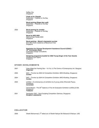 Raffles City
Singapore
Chalk art for Flipside
Esplanade – Theatres on the Bay
Singapore
Mural painting (Stage door wall)
Esplanade – Theatres on the Bay
Singapore
2003 Mural painting for Jendela
Esplanade – Theatres on the Bay
Singapore
Mural for NDP 2003
National Day Parade 2003
Singapore
Mural painting – Monet’s Impression sunrise
Mr & Mrs Chia’s residence at Marymount Vew
Singapore
Illustration for Chinese Development Assistance Council (CDAC) -
10
th
Anniversary Book
Powerplant Design Consultants
Singapore
Designing programme booklet for 2002 Young Singer of the Year Awards
Singapore Lyric Opera
Singapore
O T H E R I N V O L V E M E N T S
2007 Video Killed the Painting Star – Ya You Ji (The Centre of Contemporary Art, Glasgow)
Organiser
2005 NAC – Thumbs Up 2005 Art Competition Exhibition (MICA Building, Singapore)
Curator
2004 NAC – Thumbs Up 2004 Art Competition Exhibition (MICA Building, Singapore)
Curator
2002 Untitled – A contemporary art exhibition by 6 young artists (Riverside Piazza,
Singapore)
Co-curator
Verisimilitude – The 25
th
Diploma in Fine Art Graduation Exhibition (LASALLE-SIA,
Singapore)
Treasurer
2001 Sandsation 2001 - Sand Sculpting Competition (Sentosa, Singapore)
Sculptor’s assistance
C O L L E C T O R
2009 Sheikh Mohammad, 2
nd
eldest son of Sheikh Nahyan Bin Mubarak Al Nahyan, UAE
 