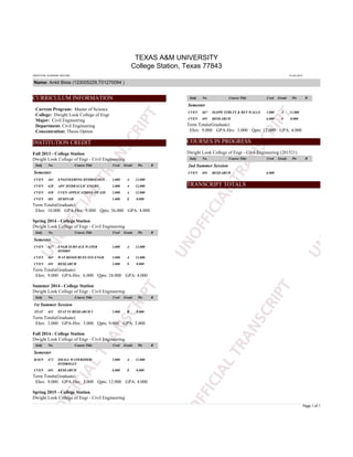 TEXAS A&M UNIVERSITY
College Station, Texas 77843
UNOFFICIAL ACADEMIC RECORD 10-JUL-2015
Name: Ankit Bista (123005229,T01270094 )
Page 1 of 1
CURRICULUM INFORMATION
Current Program: Master of Science
College: Dwight Look College of Engr
Major: Civil Engineering
Department: Civil Engineering
Concentration: Thesis Option
INSTITUTION CREDIT
Fall 2013 - College Station
Dwight Look College of Engr - Civil Engineering
Subj No. Course Title Cred Grade Pts R
Semester
CVEN 463 ENGINEERING HYDROLOGY 3.000 A 12.000
CVEN 628 ADV HYDRAULIC ENGRG 3.000 A 12.000
CVEN 658 CVEN APPLICATIONS OF GIS 3.000 A 12.000
CVEN 681 SEMINAR 1.000 S 0.000
Term Totals(Graduate)
Ehrs: 10.000 GPA-Hrs: 9.000 Qpts: 36.000 GPA: 4.000
Spring 2014 - College Station
Dwight Look College of Engr - Civil Engineering
Subj No. Course Title Cred Grade Pts R
Semester
CVEN 627 ENGR SURFACE WATER
HYDRO
3.000 A 12.000
CVEN 665 WAT RESOURCES SYS ENGR 3.000 A 12.000
CVEN 691 RESEARCH 3.000 S 0.000
Term Totals(Graduate)
Ehrs: 9.000 GPA-Hrs: 6.000 Qpts: 24.000 GPA: 4.000
Summer 2014 - College Station
Dwight Look College of Engr - Civil Engineering
Subj No. Course Title Cred Grade Pts R
1st Summer Session
STAT 651 STAT IN RESEARCH I 3.000 B 9.000
Term Totals(Graduate)
Ehrs: 3.000 GPA-Hrs: 3.000 Qpts: 9.000 GPA: 3.000
Fall 2014 - College Station
Dwight Look College of Engr - Civil Engineering
Subj No. Course Title Cred Grade Pts R
Semester
BAEN 672 SMALL WATERSHED
HYDROLGY
3.000 A 12.000
CVEN 691 RESEARCH 6.000 S 0.000
Term Totals(Graduate)
Ehrs: 9.000 GPA-Hrs: 3.000 Qpts: 12.000 GPA: 4.000
Spring 2015 - College Station
Dwight Look College of Engr - Civil Engineering
Subj No. Course Title Cred Grade Pts R
Semester
CVEN 667 SLOPE STBLTY & RET WALLS 3.000 A 12.000
CVEN 691 RESEARCH 6.000 S 0.000
Term Totals(Graduate)
Ehrs: 9.000 GPA-Hrs: 3.000 Qpts: 12.000 GPA: 4.000
COURSES IN PROGRESS
Dwight Look College of Engr - Civil Engineering (201521)
Subj No. Course Title Cred Grade Pts R
2nd Summer Session
CVEN 691 RESEARCH 6.000
TRANSCRIPT TOTALS
 