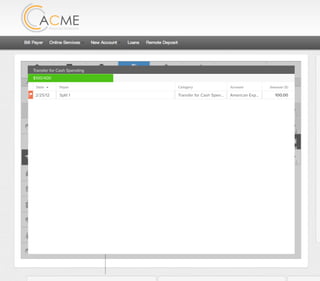 All Accounts Aug 30,2012 - Nov 26,2012 Search by payee,account,tags,amount,category or date Add Transactions
Accounts Spending Debts Net Worth ?
All Accounts Aug 30,2012 - Nov 26,2012 Search by payee,account,tags,amount,category or dateAll Accounts Aug 30,2012 - Nov 26,2012 Search by payee,account,tags,amount,category or date
Transactions Budgets
OVERALL BUDGET 500 / 1000$
Auto & Tranportation
Bills & Utilities
Education
Entertainment
Food & Dining
Gifts & Donations
Health & Fitness
HomeInvestments
Kids
Education 71 / 159$
Student Loans 71 / 159$
Books & Supplies 0 /$ 50.00
All Accounts Aug 30,2012 - Nov 26,2012 Search by payee,account,tags,amount,category or date
2/25/12 COMCAST CABLE/INTERNET2/25/12
Payee Category Amount ($)
American Exp...
AccountDate
Split 1 Transfer for Cash Spen... 100.00
Transfer for Cash Spending
$100/400
 