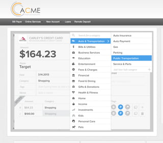 Flags
$164 / $300
Tags
Memo
This transaction appears on your statement as:
51% Used
Budget Summary
B P
Category
Add a memo
Start typing here to add a tag
Shopping
Print
Email
CARLEY’S CREDIT CARD
MOUNTAIN AMERICA CREDIT UNION
SHOPPING
Target
Payee
Date 3.14.2013
XXXXTARGET OREM UT
Amount
$164.23
Split Transaction
1 $100.00
R
Amount Category Tags Flags
$64.23
Transfer for Cash Spending
Shopping B P
B PAdd a tag
Golf Items
SPLITS
Shopping
Auto & Transportation
Bills & Utilities
Business Services
Education
Entertainment
Food & Dining
Financial
Gifts & Donations
Fees & Charges
Health & Fitness
Home
Income
Investments
Kids
Personal Care
Search for a category Auto Insurance
Auto Payment
Gas
Parking
Add New Sub-category
Service & Parts
Public Transportation
Pets
 
