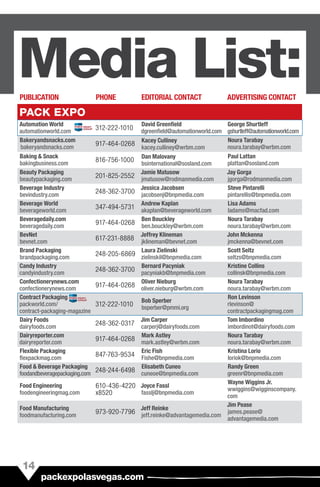 Media List:PUBLICATION PHONE EDITORIAL CONTACT ADVERTISING CONTACT
PACK EXPO
Automation World
automationworld.com
312-222-1010
David Greenfield
dgreenfield@automationworld.com
George Shurtleff
gshurtleff@automationworld.com
Bakeryandsnacks.com
bakeryandsnacks.com
917-464-0268
Kacey Culliney
kacey.culliney@wrbm.com
Noura Tarabay
noura.tarabay@wrbm.com
Baking & Snack
bakingbusiness.com
816-756-1000
Dan Malovany
bsinternational@sosland.com
Paul Lattan
plattan@sosland.com
Beauty Packaging
beautypackaging.com
201-825-2552
Jamie Matusow
jmatusow@rodmanmedia.com
Jay Gorga
jgorga@rodmanmedia.com
Beverage Industry
bevindustry.com
248-362-3700
Jessica Jacobsen
jacobsenj@bnpmedia.com
Steve Pintarelli
pintarellis@bnpmedia.com
Beverage World
beverageworld.com
347-494-5731
Andrew Kaplan
akaplan@beverageworld.com
Lisa Adams
ladams@macfad.com
Beveragedaily.com
beveragedaily.com
917-464-0268
Ben Bouckley
ben.bouckley@wrbm.com
Noura Tarabay
noura.tarabay@wrbm.com
BevNet
bevnet.com
617-231-8888
Jeffrey Klineman
jklineman@bevnet.com
John Mckenna
jmckenna@bevnet.com
Brand Packaging
brandpackaging.com
248-205-6869
Laura Zielinski
zielinskil@bnpmedia.com
Scott Seltz
seltzs@bnpmedia.com
Candy Industry
candyindustry.com
248-362-3700
Bernard Pacyniak
pacyniakb@bnpmedia.com
Kristine Collins
collinsk@bnpmedia.com
Confectionerynews.com
confectionerynews.com
917-464-0268
Oliver Nieburg
oliver.nieburg@wrbm.com
Noura Tarabay
noura.tarabay@wrbm.com
Contract Packaging
packworld.com/
contract-packaging-magazine
312-222-1010
Bob Sperber
bsperber@pmmi.org
Ron Levinson
rlevinson@
contractpackagingmag.com
Dairy Foods
dairyfoods.com
248-362-0317
Jim Carper
carperj@dairyfoods.com
Tom Imbordino
imbordinot@dairyfoods.com
Dairyreporter.com
dairyreporter.com
917-464-0268
Mark Astley
mark.astley@wrbm.com
Noura Tarabay
noura.tarabay@wrbm.com
Flexible Packaging
flexpackmag.com
847-763-9534
Eric Fish
Fishe@bnpmedia.com
Kristina Lorio
loriok@bnpmedia.com
Food & Beverage Packaging
foodandbeveragepackaging.com
248-244-6498
Elisabeth Cuneo
cuneoe@bnpmedia.com
Randy Green
greenr@bnpmedia.com
Food Engineering
foodengineeringmag.com
610-436-4220
x8520
Joyce Fassl
fasslj@bnpmedia.com
Wayne Wiggins Jr.
wwiggins@wigginscompany.
com
Food Manufacturing
foodmanufacturing.com
973-920-7796
Jeff Reinke
jeff.reinke@advantagemedia.com
Jim Pease
james.pease@
advantagemedia.com
14
packexpolasvegas.com
 