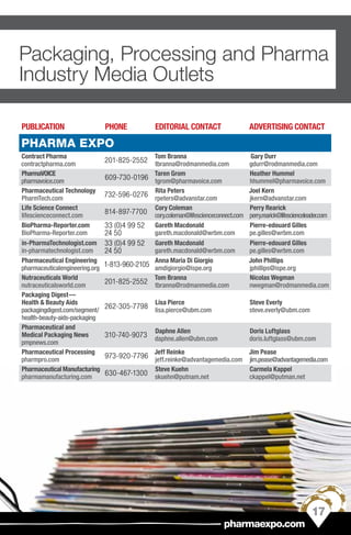 PUBLICATION PHONE EDITORIAL CONTACT ADVERTISING CONTACT
PHARMA EXPO
Contract Pharma
contractpharma.com
201-825-2552
Tom Branna
tbranna@rodmanmedia.com
Gary Durr
gdurr@rodmanmedia.com
PharmaVOICE
pharmavoice.com
609-730-0196
Taren Grom
tgrom@pharmavoice.com
Heather Hummel
hhummel@pharmavoice.com
Pharmaceutical Technology
PharmTech.com
732-596-0276
Rita Peters
rpeters@advanstar.com
Joel Kern
jkern@advanstar.com
Life Science Connect
lifescienceconnect.com
814-897-7700
Cory Coleman
cory.coleman@lifescienceconnect.com
Perry Rearick
perry.rearick@lifescienceleader.com
BioPharma-Reporter.com
BioPharma-Reporter.com
33 (0)4 99 52
24 50
Gareth Macdonald
gareth.macdonald@wrbm.com
Pierre-edouard Gilles
pe.gilles@wrbm.com
in-PharmaTechnologist.com
in-pharmatechnologist.com
33 (0)4 99 52
24 50
Gareth Macdonald
gareth.macdonald@wrbm.com
Pierre-edouard Gilles
pe.gilles@wrbm.com
Pharmaceutical Engineering
pharmaceuticalengineering.org
1-813-960-2105
Anna Maria Di Giorgio
amdigiorgio@ispe.org
John Phillips
jphillips@ispe.org
Nutraceuticals World
nutraceuticalsworld.com
201-825-2552
Tom Branna
tbranna@rodmanmedia.com
Nicolas Wegman
nwegman@rodmanmedia.com
Packaging Digest — 
Health & Beauty Aids
packagingdigest.com/segment/
health-beauty-aids-packaging
262-305-7798
Lisa Pierce
lisa.pierce@ubm.com
Steve Everly
steve.everly@ubm.com
Pharmaceutical and
Medical Packaging News
pmpnews.com
310-740-9073
Daphne Allen
daphne.allen@ubm.com
Doris Luftglass
doris.luftglass@ubm.com
Pharmaceutical Processing
pharmpro.com
973-920-7796
Jeff Reinke
jeff.reinke@advantagemedia.com
Jim Pease
jim.pease@advantagemedia.com
Pharmaceutical Manufacturing
pharmamanufacturing.com
630-467-1300
Steve Kuehn
skuehn@putnam.net
Carmela Kappel
ckappel@putman.net
17
pharmaexpo.com
Packaging, Processing and Pharma
Industry Media Outlets
 