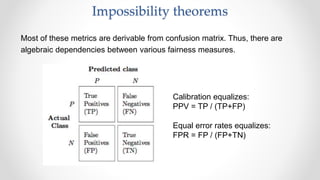 Impossibility theorems
Most of these metrics are derivable from confusion matrix. Thus, there are
algebraic dependencies between various fairness measures.
Calibration equalizes:
PPV = TP / (TP+FP)
Equal error rates equalizes:
FPR = FP / (FP+TN)
 