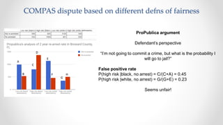 ProPublica argument
Defendant’s perspective
“I’m not going to commit a crime, but what is the probability I
will go to jail?”
False positive rate
P(high risk |black, no arrest) = C/(C+A) = 0.45
P(high risk |white, no arrest) = G/(G+E) = 0.23
Seems unfair!
COMPAS dispute based on different defns of fairness
 