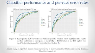 A case study of algorithm-assisted decision making in child maltreatment hotline screening decisions
Chouldechova et. al.
Classifier performance and per-race error rates
 