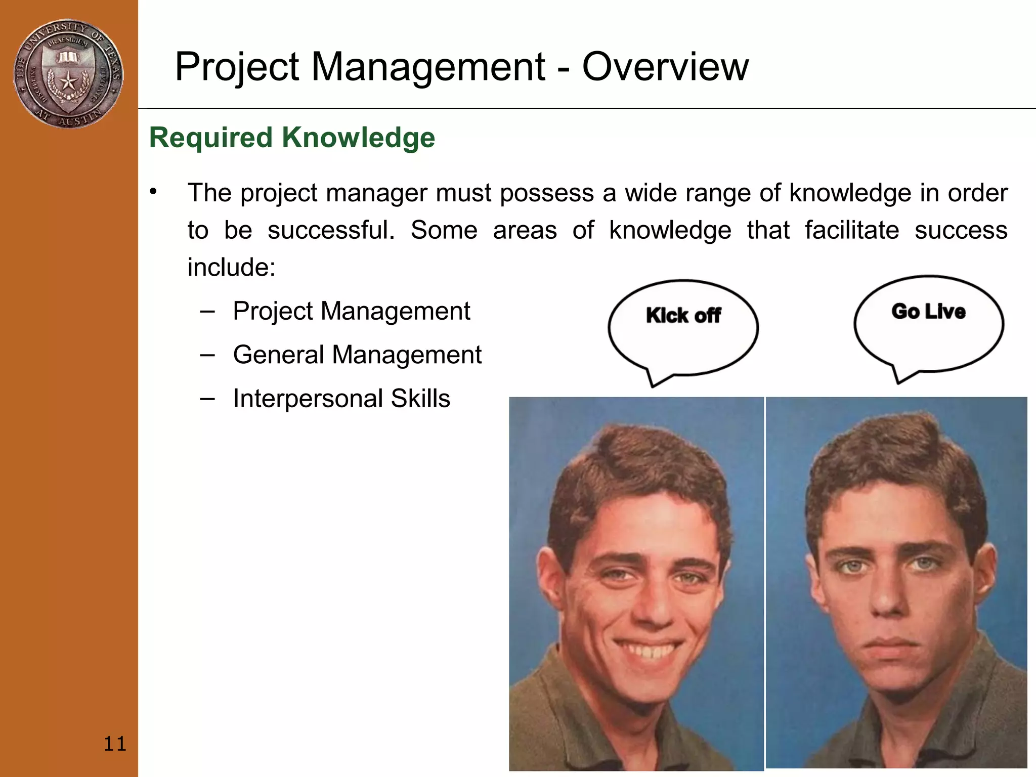 Project Management - Overview
• The project manager must possess a wide range of knowledge in order
to be successful. Some areas of knowledge that facilitate success
include:
– Project Management
– General Management
– Interpersonal Skills
Required Knowledge
11
 