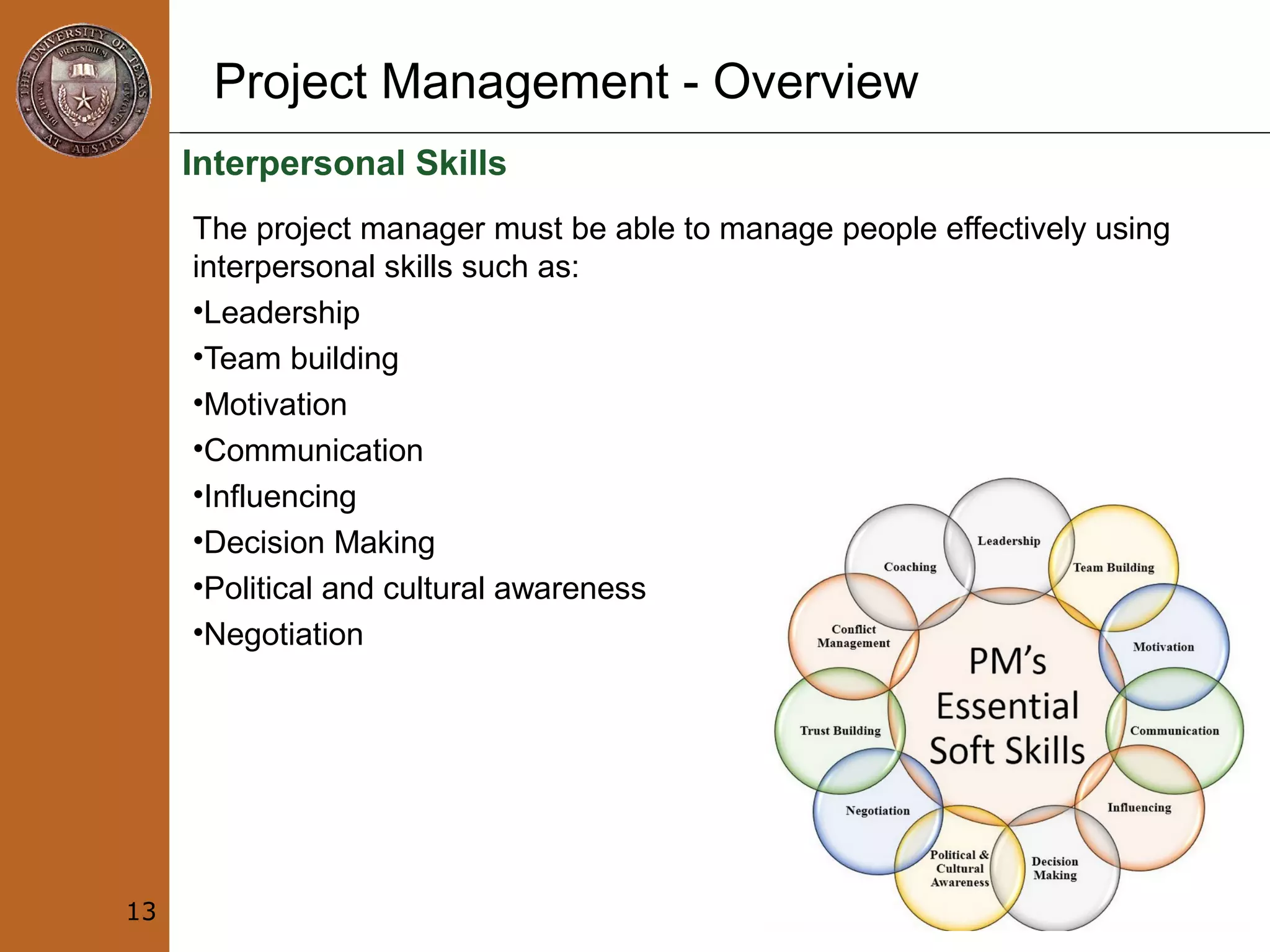 Project Management - Overview
Interpersonal Skills
The project manager must be able to manage people effectively using
interpersonal skills such as:
•Leadership
•Team building
•Motivation
•Communication
•Influencing
•Decision Making
•Political and cultural awareness
•Negotiation
13
 