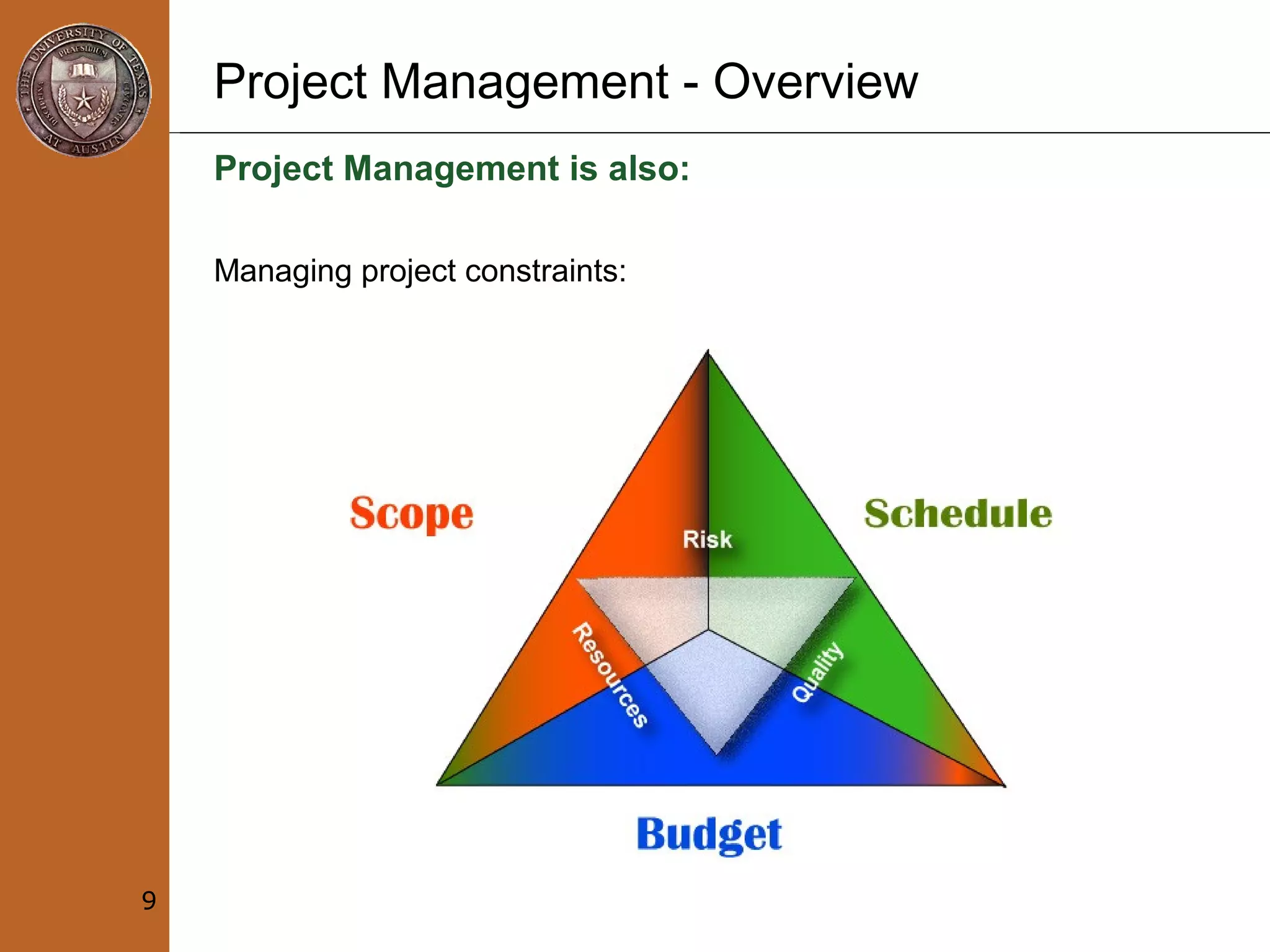 Project Management - Overview
Project Management is also:
Managing project constraints:
9
 