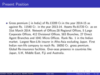 Present Position
Gross premium ( in India) of Rs.13209 Cr.in the year 2014-15 as
against Rs. 11540 Cr. in the year 2013-14. Assets Rs.61720 Cr. as on
31st March 2014. Network of Oﬃces-28 Regional Oﬃces, 5 Large
Corporate Oﬃces, 412 Divisional Oﬃces, 583 Branches, 27 Direct
Agent Branches and 1041 Micro Oﬃces. Rank No. 1 in the Indian
market. Largest Non-Life insurer in Afro-Asia excluding Japan. First
Indian non-life company to reach Rs. 16050 Cr. gross premium.
Global Re-insurance facilities. Over-seas presence in countries like
Japan, U.K, Middle East, Fiji and Australia.
ASHISH YADAV (MOTILAL NEHRU NATIONAL INSTITUTE OF TECHNOLOGY ,ALLAHABAD)Short title February 22, 2016 5 / 12
 