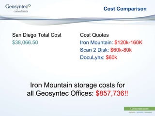 Cost Comparison
San Diego Total Cost
$38,066.50
Cost Quotes
Iron Mountain: $120k-160K
Scan 2 Disk: $60k-80k
DocuLynx: $60k
Iron Mountain storage costs for
all Geosyntec Offices: $857,736!!
 
