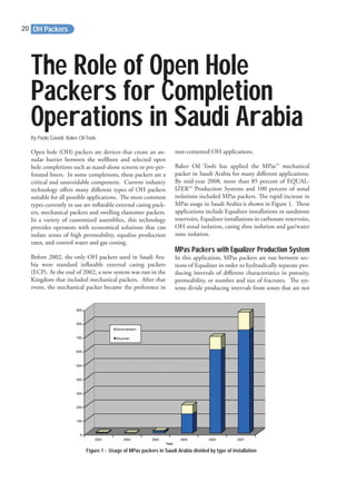 Open hole (OH) packers are devices that create an an-
nular barrier between the wellbore and selected open
hole completions such as stand-alone screens or pre-per-
forated liners. In some completions, these packers are a
critical and unavoidable component. Current industry
technology oﬀers many diﬀerent types of OH packers
suitable for all possible applications. The most common
types currently in use are inﬂatable external casing pack-
ers, mechanical packers and swelling elastomer packers.
In a variety of customized assemblies, this technology
provides operators with economical solutions that can
isolate zones of high permeability, equalize production
rates, and control water and gas coning.
Before 2002, the only OH packers used in Saudi Ara-
bia were standard inﬂatable external casing packers
(ECP). At the end of 2002, a new system was run in the
Kingdom that included mechanical packers. After that
event, the mechanical packer became the preference in
non-cemented OH applications.
Baker Oil Tools has applied the MPas™ mechanical
packer in Saudi Arabia for many diﬀerent applications.
By mid-year 2008, more than 85 percent of EQUAL-
IZER™ Production Systems and 100 percent of zonal
isolations included MPas packers. The rapid increase in
MPas usage in Saudi Arabia is shown in Figure 1. These
applications include Equalizer installations in sandstone
reservoirs, Equalizer installations in carbonate reservoirs,
OH zonal isolation, casing shoe isolation and gas/water
zone isolation.
MPas Packers with Equalizer Production System
In this application, MPas packers are run between sec-
tions of Equalizer in order to hydraulically separate pro-
ducing intervals of diﬀerent characteristics in porosity,
permeability, or number and size of fractures. The sys-
tems divide producing intervals from zones that are not
The Role of Open Hole
Packers for Completion
Operations in Saudi ArabiaBy Paolo Gavioli, Baker Oil Tools
Figure 1 - Usage of MPas packers in Saudi Arabia divided by type of installation
OH Packers20
 