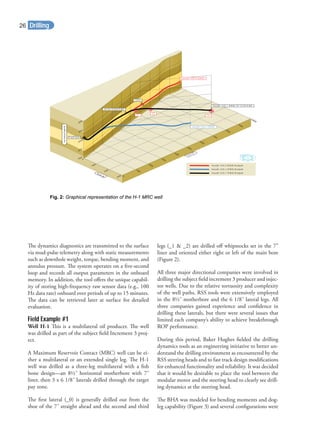 The dynamics diagnostics are transmitted to the surface
via mud-pulse telemetry along with static measurements
such as downhole weight, torque, bending moment, and
annulus pressure. The system operates on a ﬁve-second
loop and records all output parameters in the onboard
memory. In addition, the tool oﬀers the unique capabil-
ity of storing high-frequency raw sensor data (e.g., 100
Hz data rate) onboard over periods of up to 15 minutes.
The data can be retrieved later at surface for detailed
evaluation.
Field Example #1
Well H-1 This is a multilateral oil producer. The well
was drilled as part of the subject ﬁeld Increment 3 proj-
ect.
A Maximum Reservoir Contact (MRC) well can be ei-
ther a multilateral or an extended single leg. The H-1
well was drilled as a three-leg multilateral with a ﬁsh
bone design—an 8½˝ horizontal motherbore with 7˝
liner, then 3 x 6 1/8˝ laterals drilled through the target
pay zone.
The ﬁrst lateral (_0) is generally drilled out from the
shoe of the 7˝ straight ahead and the second and third
legs (_1 & _2) are drilled oﬀ whipstocks set in the 7”
liner and oriented either right or left of the main bore
(Figure 2).
All three major directional companies were involved in
drilling the subject ﬁeld increment 3 producer and injec-
tor wells. Due to the relative tortuosity and complexity
of the well paths, RSS tools were extensively employed
in the 8½˝ motherbore and the 6 1/8˝ lateral legs. All
three companies gained experience and conﬁdence in
drilling these laterals, but there were several issues that
limited each company’s ability to achieve breakthrough
ROP performance.
During this period, Baker Hughes ﬁelded the drilling
dynamics tools as an engineering initiative to better un-
derstand the drilling environment as encountered by the
RSS steering heads and to fast track design modiﬁcations
for enhanced functionality and reliability. It was decided
that it would be desirable to place the tool between the
modular motor and the steering head to clearly see drill-
ing dynamics at the steering head.
The BHA was modeled for bending moments and dog-
leg capability (Figure 3) and several conﬁgurations were
Fig. 2: Graphical representation of the H-1 MRC well
H a ra d h 1 425 -0 (A W B ) W ellp ath
T 1
T 2
T 3
H a ra d h 1 425 -2 (P W B )
T ie O n 10,955 ft M D
9.625 inch
7 inch
TrueVerticalDepth(ft)
H a ra d h 1 425 -1 (P W B ) T D 1 5,94 9 ft M D
H a ra dh 1 425 -0 (A W B )
H a ra dh 1 425 -2 (P W B ) W ellpath
H a ra dh 1 42 5 -1 (P W B ) W ellpath
1000
3000
7000
6950
6900
6850
6800
North (ft)
2000
1000
0
East (ft)
0
2000
3000
4000
5000
6000
7000
8000
9000
10000
H a ra d h 1 425 -0 (A W B ) W ellp ath
T 1
T 2
T 3
H a ra d h 1 425 -2 (P W B )
T ie O n 10,955 ft M D
9.625 inch
7 inch
TrueVerticalDepth(ft)
H a ra d h 1 425 -1 (P W B ) T D 1 5,94 9 ft M D
H a ra dh 1 425 -0 (A W B )
H a ra dh 1 425 -2 (P W B ) W ellpath
H a ra dh 1 42 5 -1 (P W B ) W ellpath
1000
3000
7000
6950
6900
6850
6800
North (ft)
2000
1000
0
East (ft)
0
2000
3000
4000
5000
6000
7000
8000
9000
10000
Drilling26
 