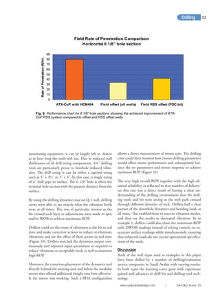 monitoring equipment, it can be largely left to chance
as to how long the tools will last. Due to reduced wall
thicknesses of all drill string components, 4¾˝ drilling
tools are particularly prone to borehole induced vibra-
tion. The drill string is can be either a tapered string
such as 5˝ x 3½˝ or 5˝ x 4˝. In this case, a single string
of 4˝ drill pipe to surface. The 6 1/8˝ hole is often the
terminal hole section with the greatest distance from the
surface.
By using the drilling dynamics tool on Q-1 well, drilling
crews were able to see exactly what the vibration levels
were at all times. This was of particular interest as the
bit crossed each layer or adjustments were made to rpm
and/or WOB to achieve maximum ROP.
Drillers could see the onset of vibrations at the bit in real
time and make corrective actions to reduce or eliminate
vibrations and see the eﬀect of their action in real time
(Figure 10). Drillers watched the dynamics output con-
tinuously and adjusted input parameters as required to
reduce vibrations to acceptable levels as well as maintain
high ROP.
Moreover, the conscious placement of the dynamics tool
directly behind the steering unit and below the modular
motor also oﬀered additional insight into how eﬀective-
ly the motor was working. Such a BHA conﬁguration
allows a direct measurement of motor rpm. The drilling
crew could then monitor how chosen drilling parameters
would aﬀect motor performance and subsequently bal-
ance the set parameters and motor response to achieve
optimum ROP (Figure 11)
The very high overall ROP, together with the high ob-
tained reliability as reﬂected in zero number of failures`
on this run was a direct result of having a clear un-
derstanding of the drilling environment that the drill-
ing tools and bit were seeing as the well path crossed
through diﬀerent densities of rock. Drillers had a clear
picture of the downhole dynamics and bending loads at
all times. This enabled them to react to vibration modes,
and then see the results in decreased vibration. As in
example 1, drillers could also chase the maximum ROP
with DWOB readings instead of relying entirely on in-
accurate surface readings while simultaneously ensuring
that subjected loads do not exceed operational speciﬁca-
tions of the tools.
Discussion
Both of the well types used as examples in this paper
have been drilled by a number of drilling/evaluation
service companies in Saudi Arabia with varying results.
In both types the learning curve grew with experience
gained and advances in drill bit and drilling tool tech-
nology.
Field Rate of Penetration Comparison
Horizontal 6 1/8" hole section
0
10
20
30
40
50
60
70
80
90
ATX-CoP with HCM404 Field offset (all wells) Field RSS offset (PDC bit)
RateofPenetration(ft/hr)
Fig. 9: Performance chart for 6 1/8” hole sections showing the achieved improvement of ATK-
CoP RSS system compared to offset and RSS offset wells.
Drilling
www.saudiarabiaoilandgas.com | SA O&G Issue 10
33
 
